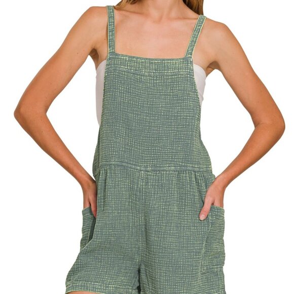 Washed Double Gauze Romper | Women’s Summer Tie Back Overalls | Casual Sleeveles - Picture 1 of 9